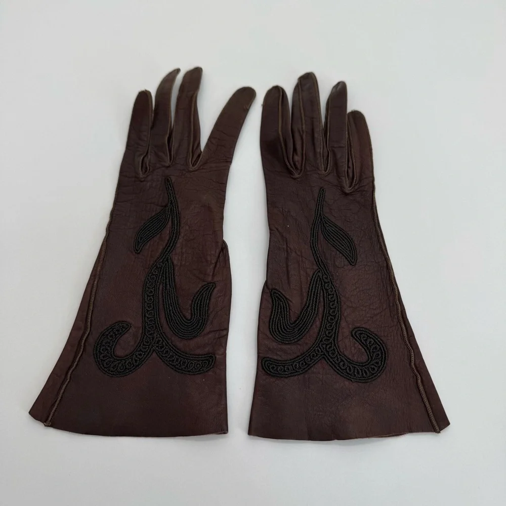 Vintage Embroidered Leather Gloves Women’s Brown